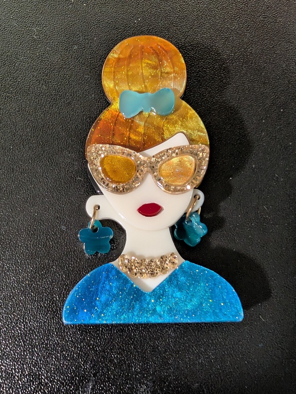 Stylish Blue & Gold Woman Face Brooch - Fashion Jewelry